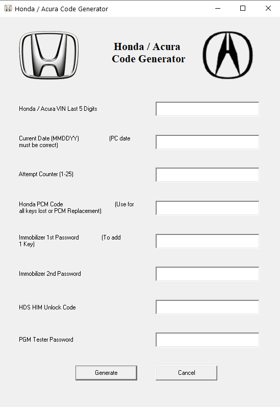 Honda Acura Code Generator Immobilizer